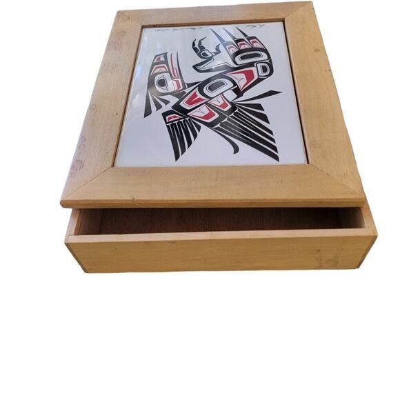 Clarence Wells "The Raven" Art Tile Box 1980s Cedar Wood Box Keepsake Box W/ Lid - Picture 7 of 9